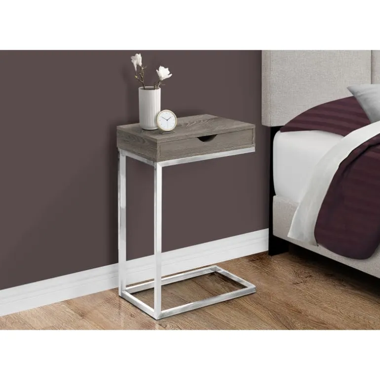 Accent table - chrome metal / dark taupe with a drawer - Monarch