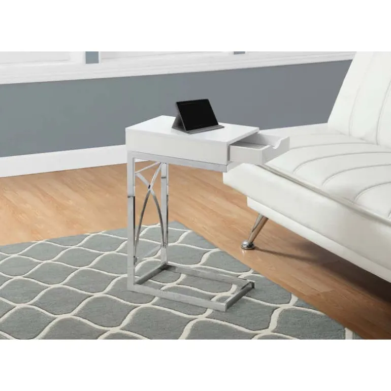 Accent table - chrome metal / glossy white with a drawer - Monarch