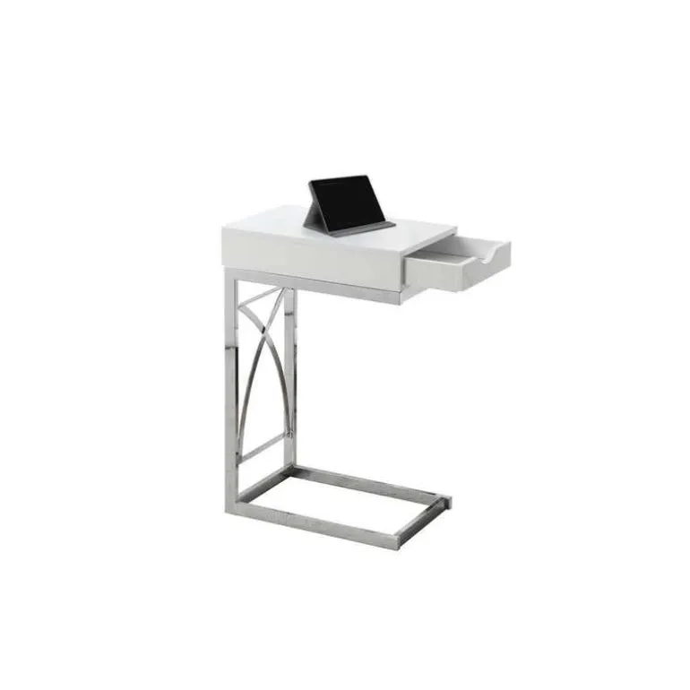Accent table - chrome metal / glossy white with a drawer - Monarch