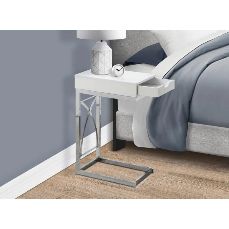 Accent table - chrome metal / glossy white with a drawer - Monarch