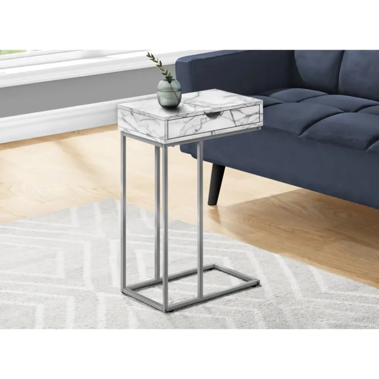 Accent table - 25"h / white marble / silver metal - Monarch