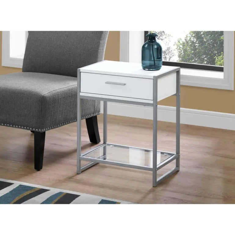Accent table - 22"h / white/ silver metal/ tempered glass - Monarch