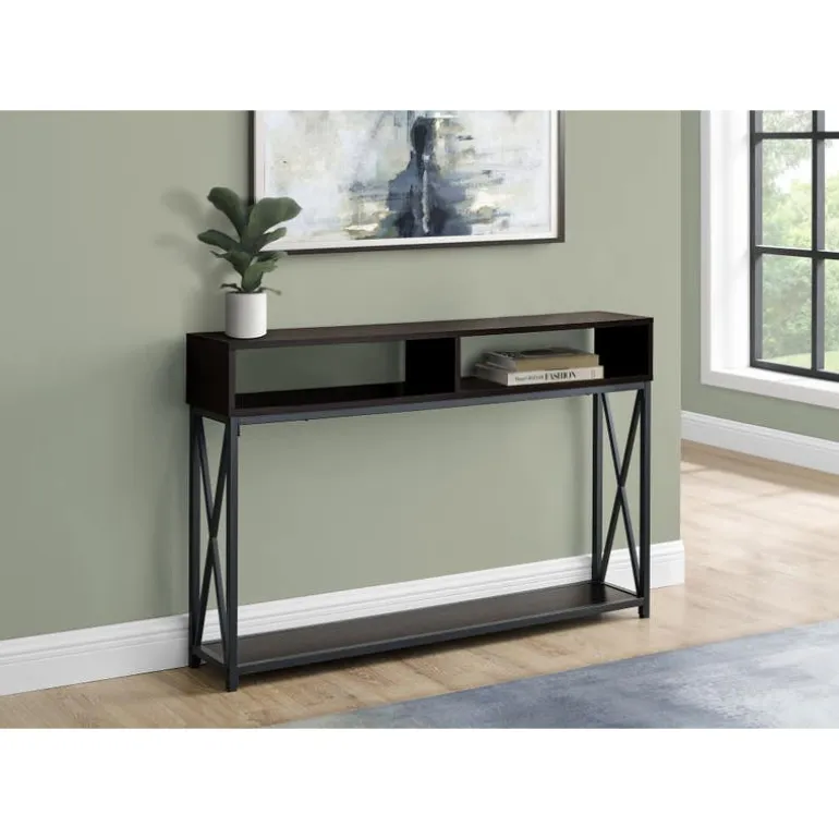 Accent table - 48"l / espresso / black metal hall console - Monarch