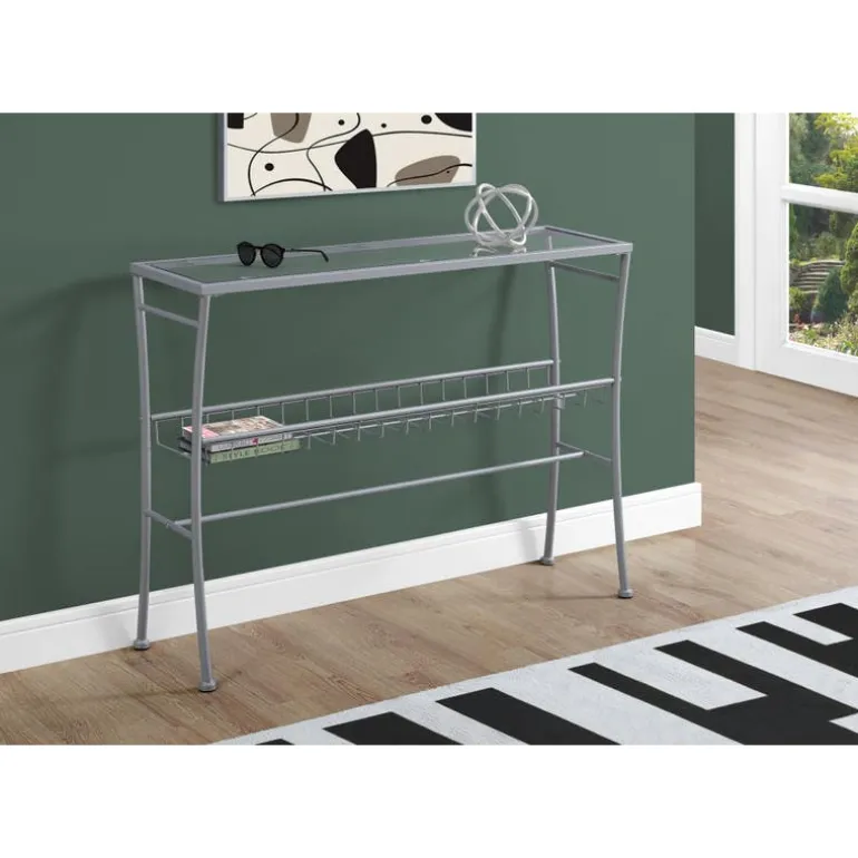 Accent table - 42"l / silver /tempered glass hall console - Monarch