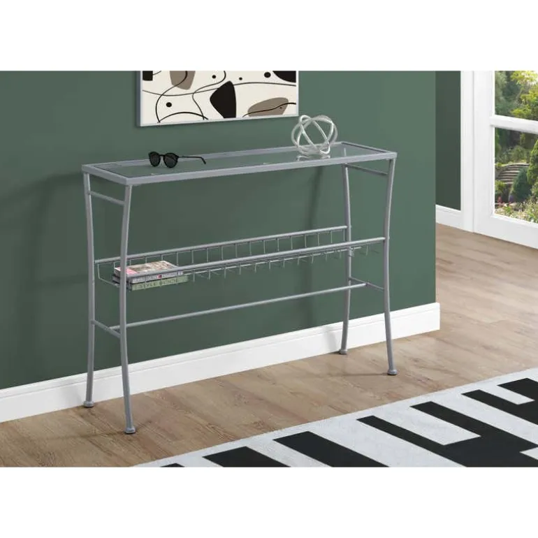 Accent table - 42"l / silver /tempered glass hall console - Monarch