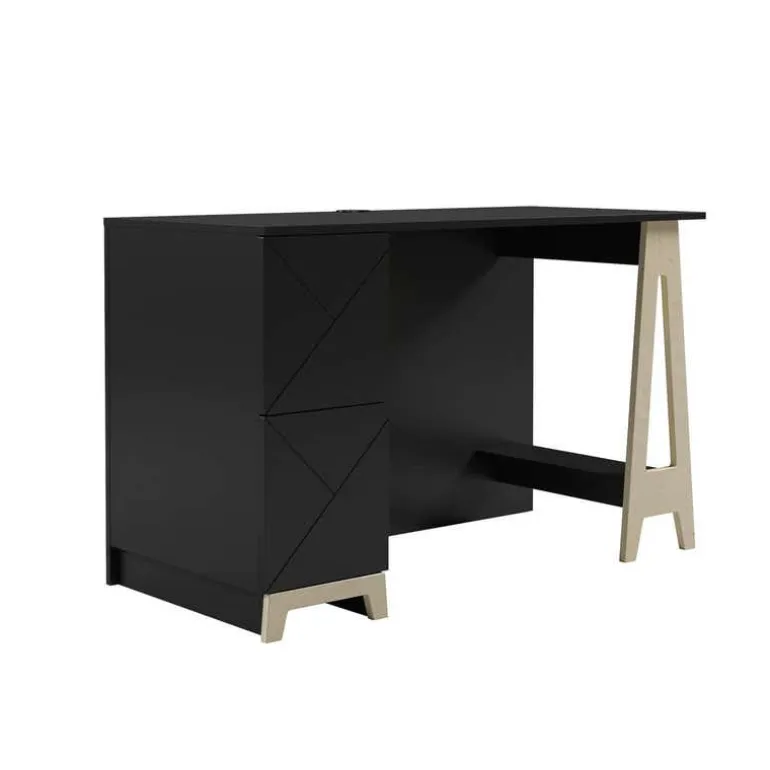 Atypik 2-Drawer Desk, Black And Plywood - Nexera
