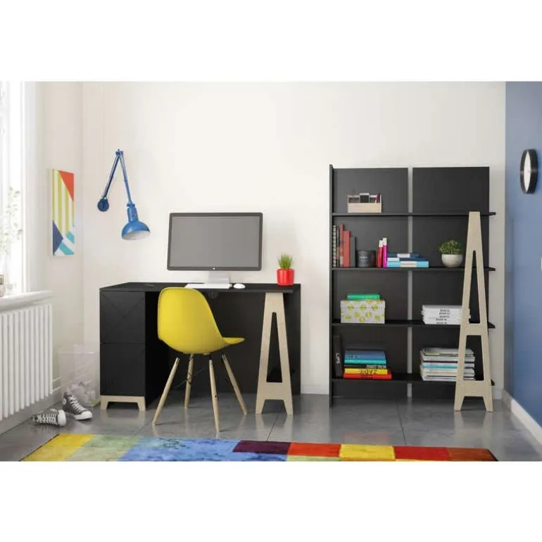 Atypik 2-Drawer Desk, Black And Plywood - Nexera