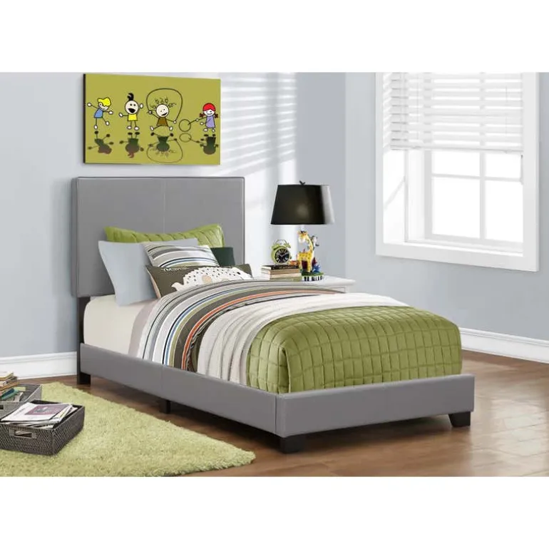 Bed - twin size / grey leather-look - Monarch