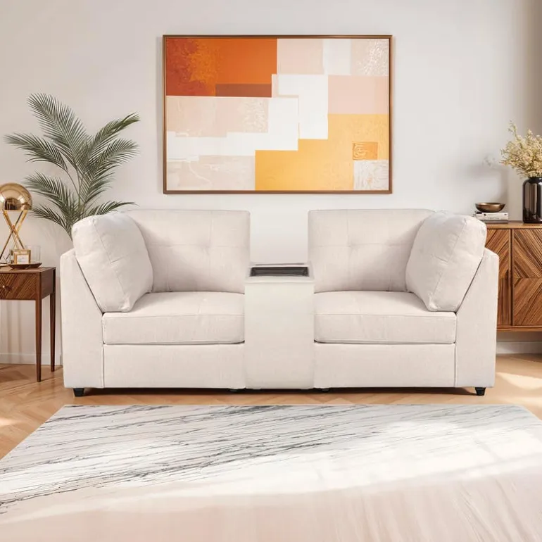 Beige Modular Loveseat with Console - 3 pcs