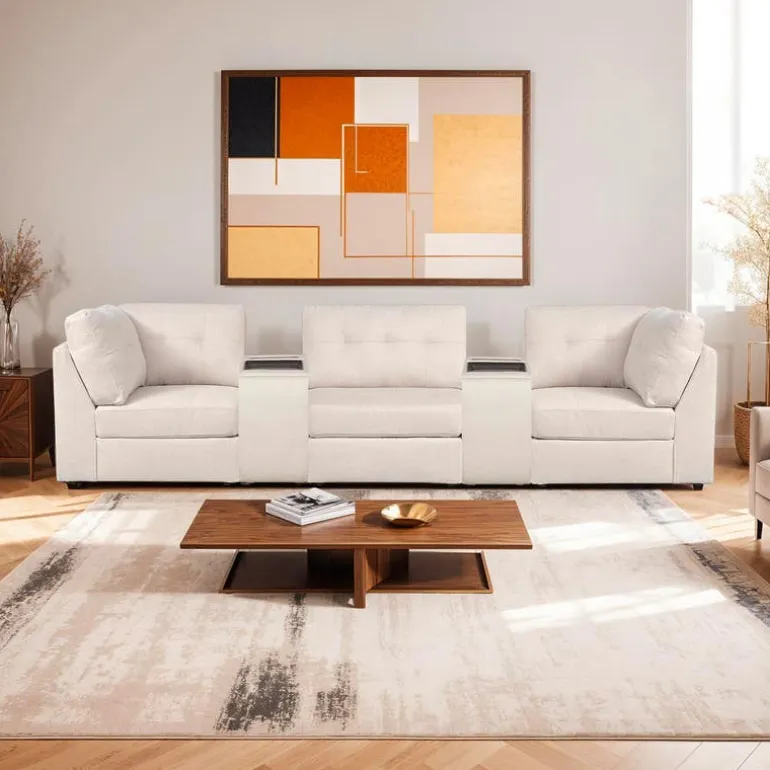 Beige Modular Sofa with 2 Consoles - 5 pcs