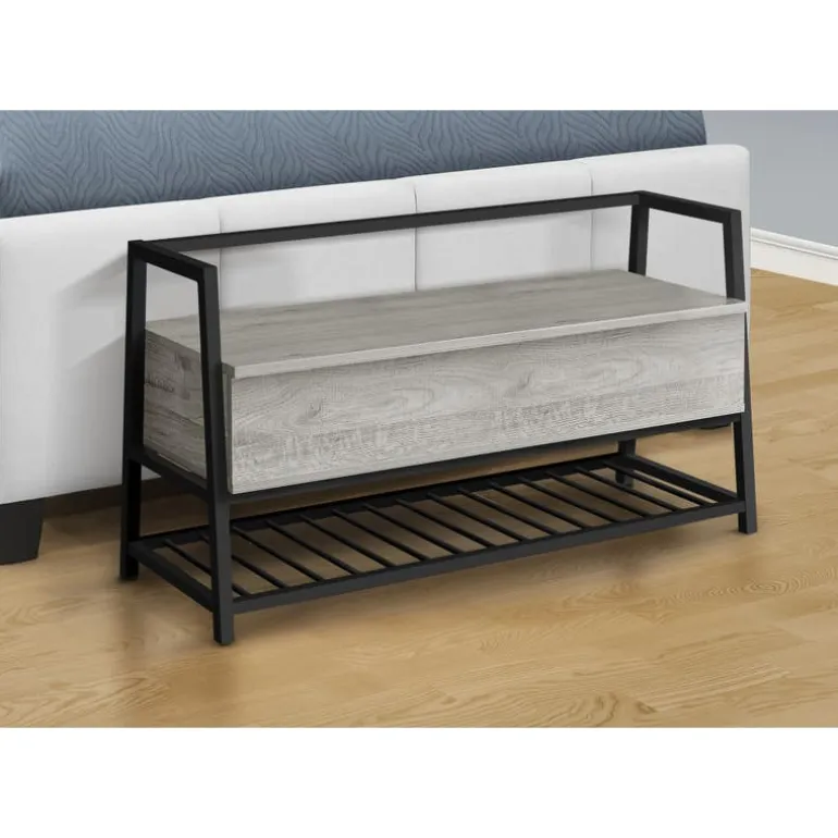 Bench - shoe rack / flip top storage - 42"l - grey wood-look / black metal - Monarch