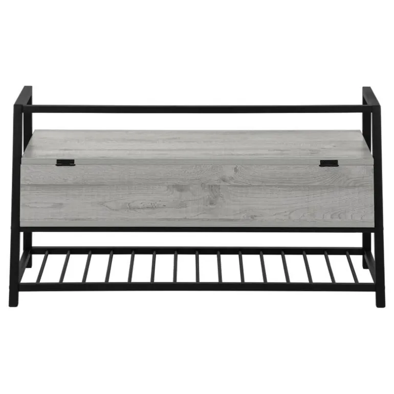Bench - shoe rack / flip top storage - 42"l - grey wood-look / black metal - Monarch