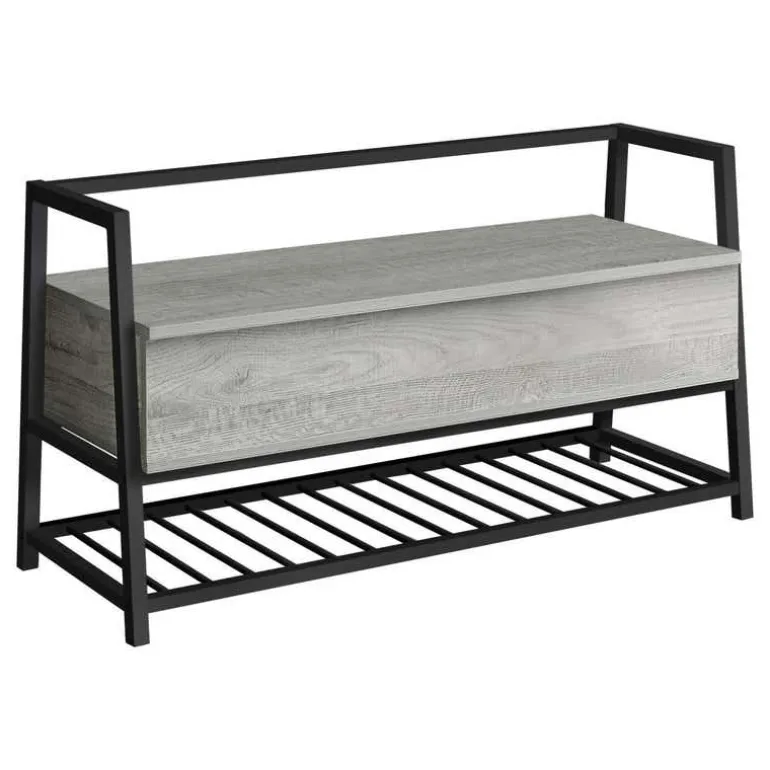 Bench - shoe rack / flip top storage - 42"l - grey wood-look / black metal - Monarch