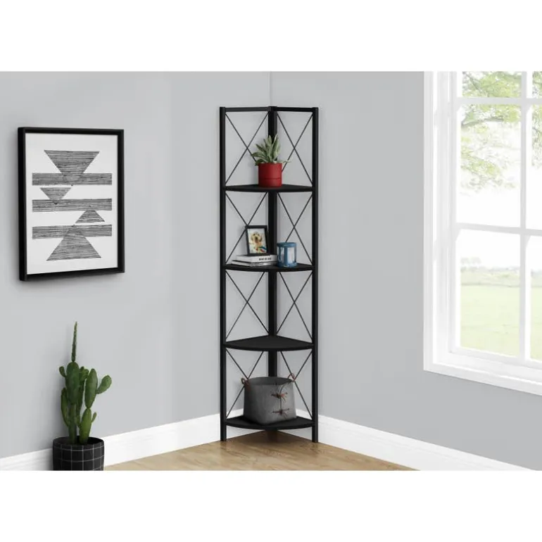 Bookcase - 4 tier corner etagere - metal frame x-design - 60"h - black/black - Monarch