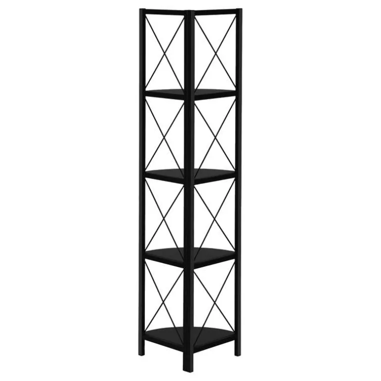 Bookcase - 4 tier corner etagere - metal frame x-design - 60"h - black/black - Monarch
