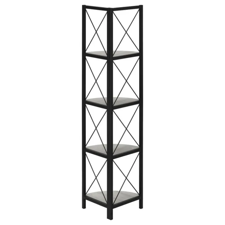 Bookcase - 4 tier corner etagere - metal frame x-design - 60"h - grey wood-lo - Monarch