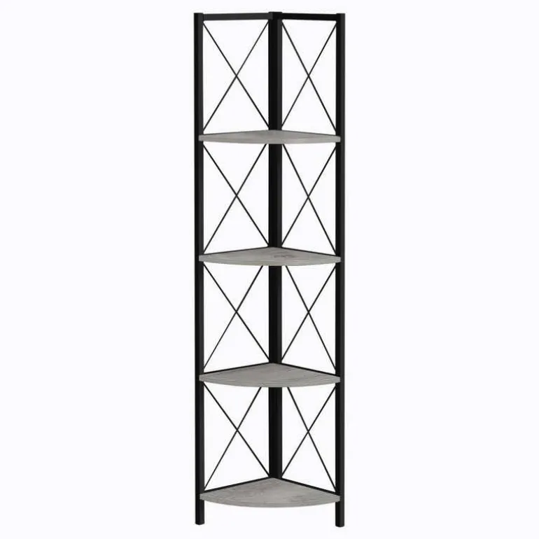 Bookcase - 4 tier corner etagere - metal frame x-design - 60"h - grey wood-lo - Monarch