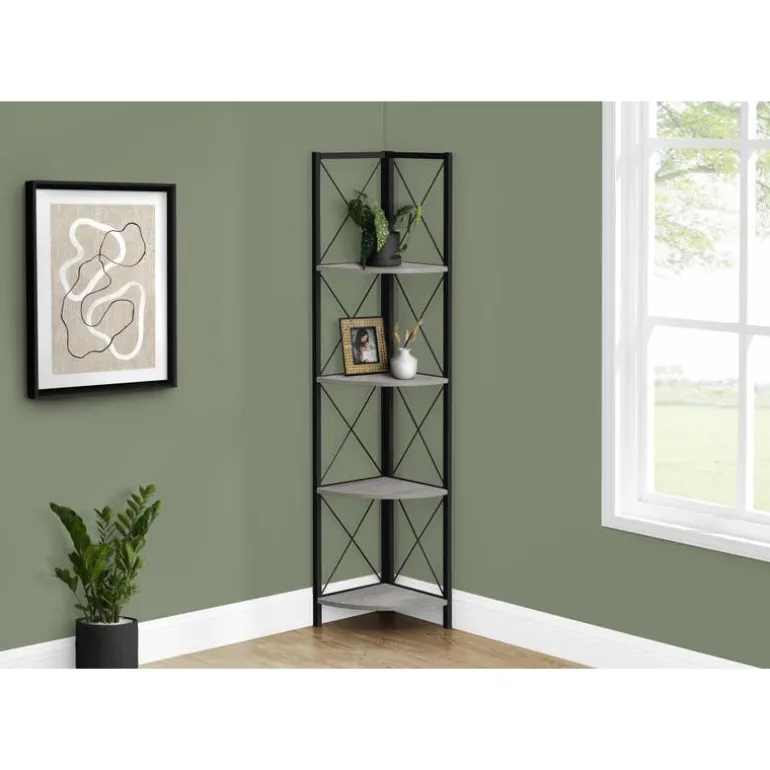 Bookcase - 4 tier corner etagere - metal frame x-design - 60"h - grey wood-lo - Monarch