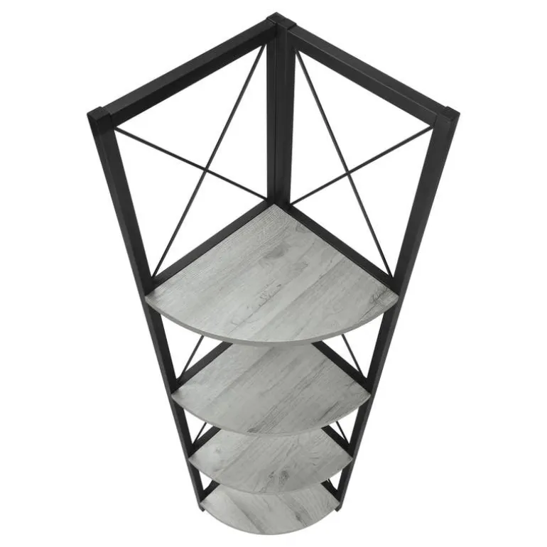 Bookcase - 4 tier corner etagere - metal frame x-design - 60"h - grey wood-lo - Monarch