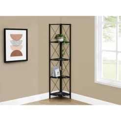 Bookcase - 4 tier corner etagere - metal frame x-design - 60"h - black marble - Monarch