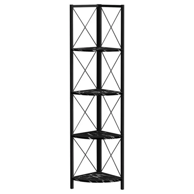 Bookcase - 4 tier corner etagere - metal frame x-design - 60"h - black marble - Monarch