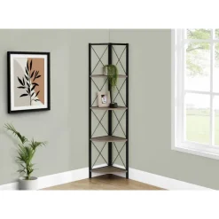 Bookcase - 4 tier corner etagere - metal frame x-design - 60"h - dark taupe w - Monarch