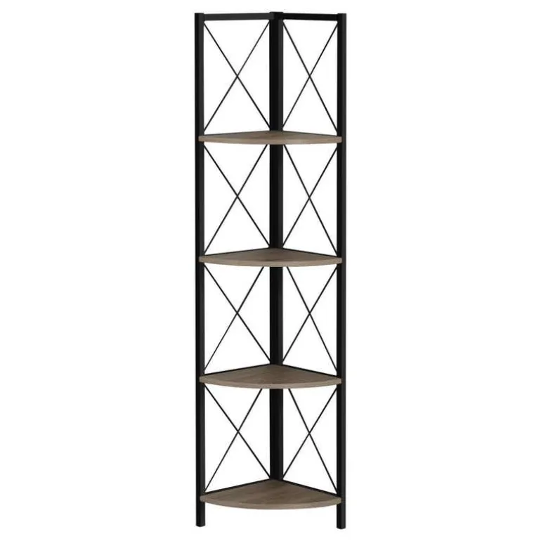 Bookcase - 4 tier corner etagere - metal frame x-design - 60"h - dark taupe w - Monarch
