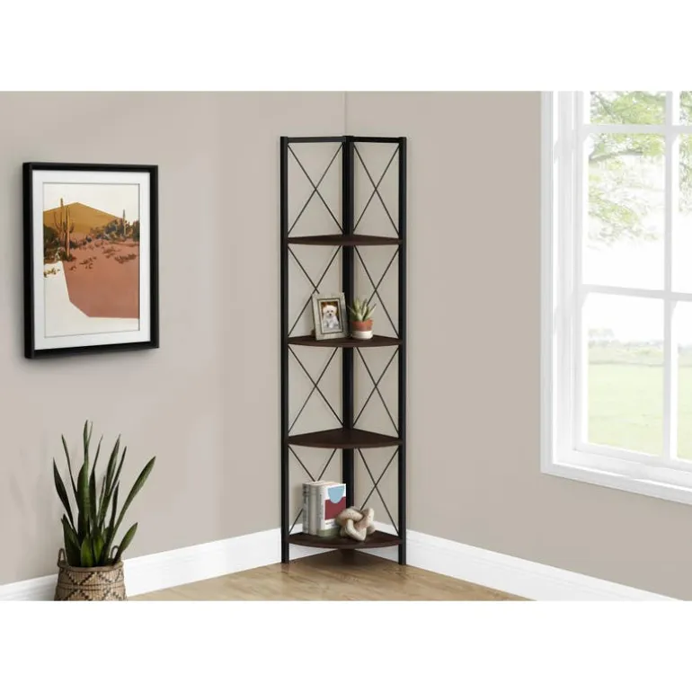 Bookcase - 4 tier corner etagere - metal frame x-design - 60"h - espresso/bla - Monarch