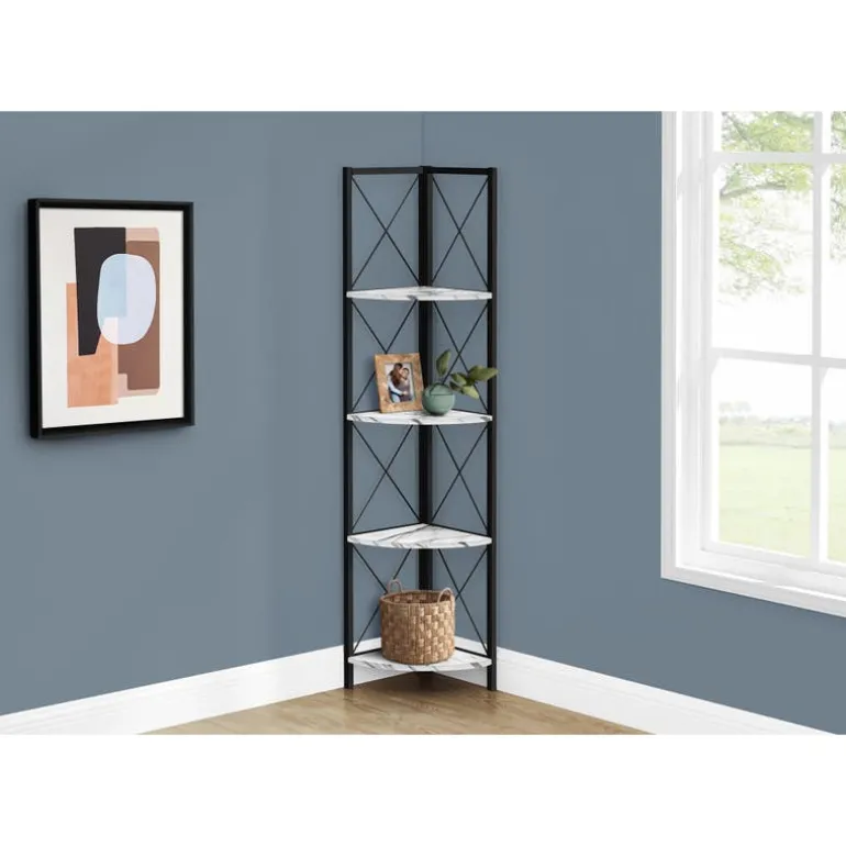 Bookcase - 4 tier corner etagere - metal frame x-design - 60"h - white marble - Monarch
