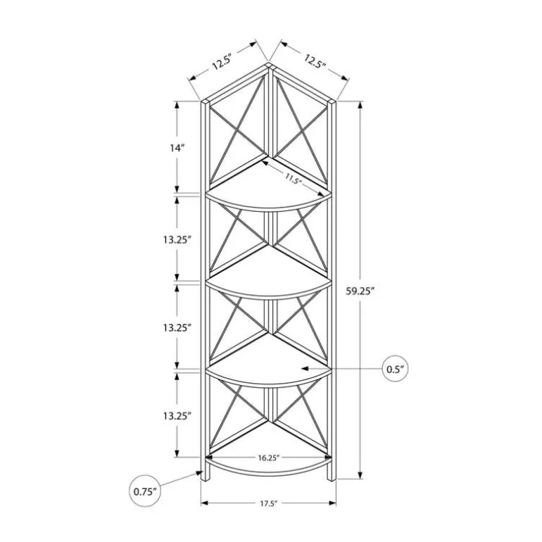 Bookcase - 4 tier corner etagere - metal frame x-design - 60"h - white marble - Monarch