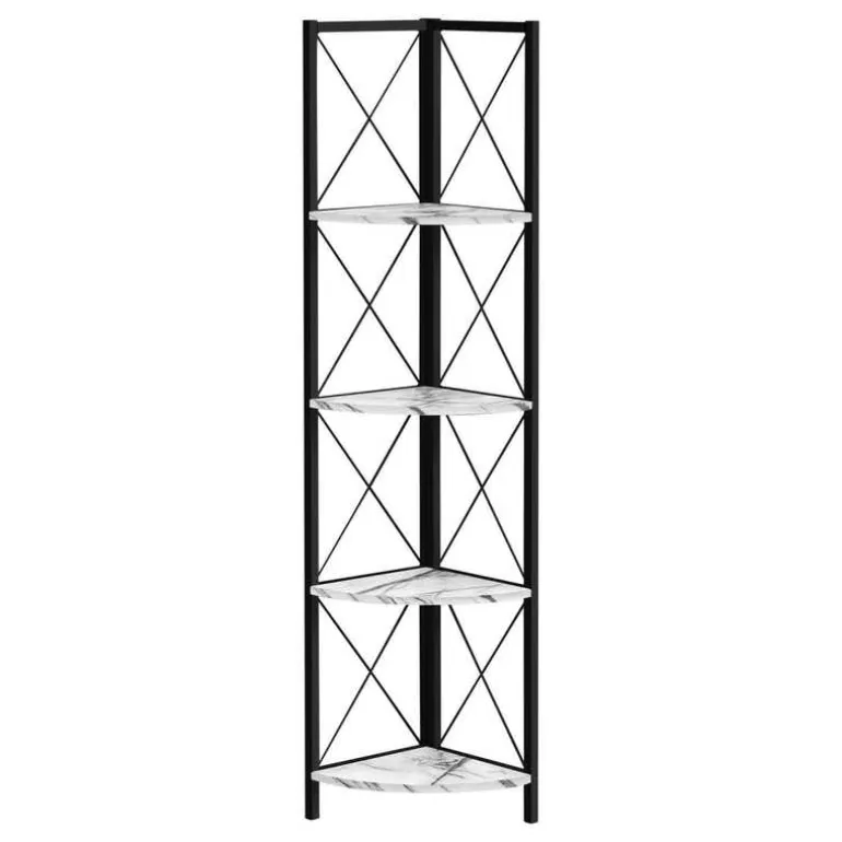 Bookcase - 4 tier corner etagere - metal frame x-design - 60"h - white marble - Monarch