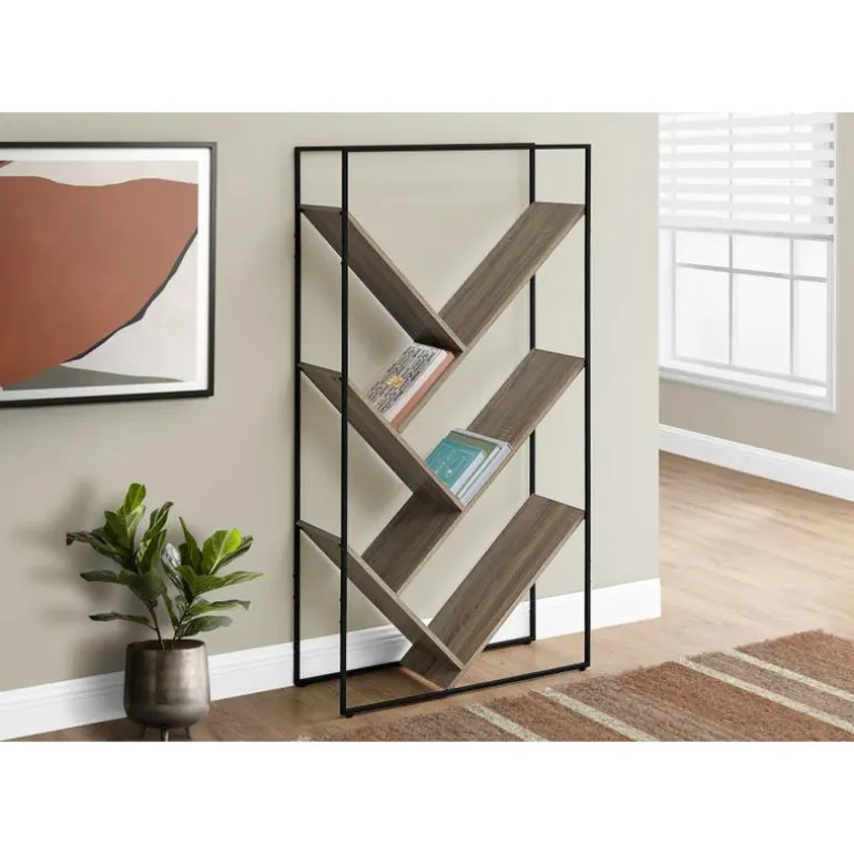 Bookcase / etagere - 5 slanted open shelves - 60"h - dark taupe wood-look / b - Monarch