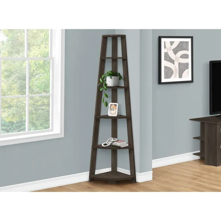 Bookcase - 72""h / brown oak corner accent etagere - Monarch