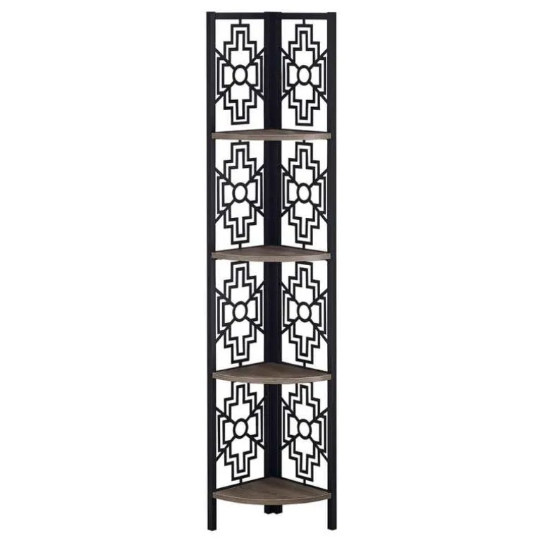 Bookcase - 62"h / dark taupe / black metal corner etagere - Monarch