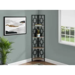 Bookcase - 62"h / dark taupe / black metal corner etagere - Monarch