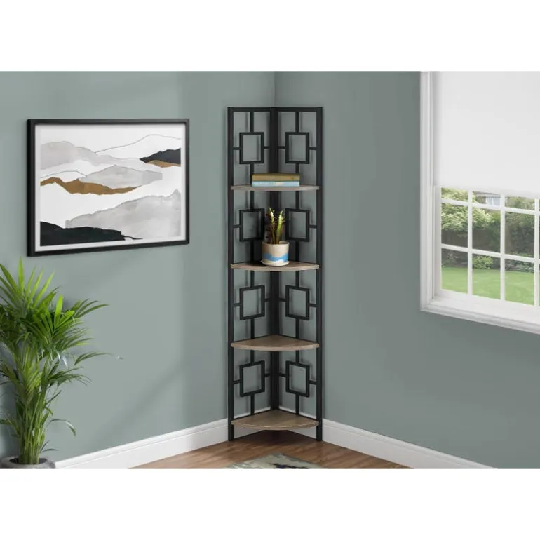 Bookcase - 62"h / dark taupe / black metal corner etagere - Monarch