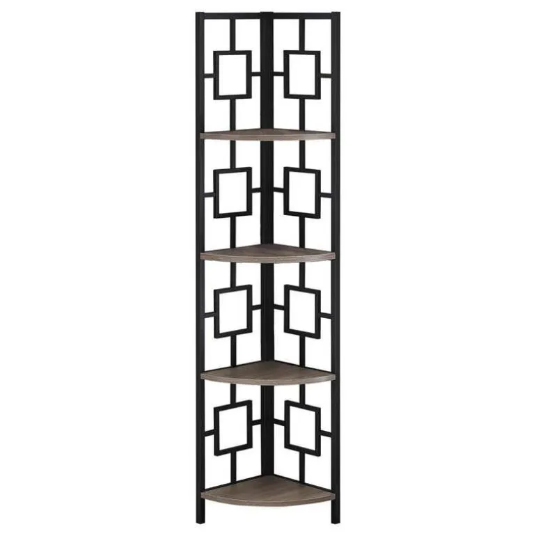 Bookcase - 62"h / dark taupe / black metal corner etagere - Monarch