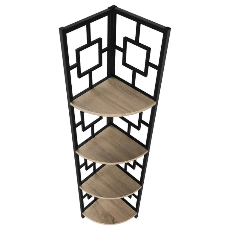 Bookcase - 62"h / dark taupe / black metal corner etagere - Monarch