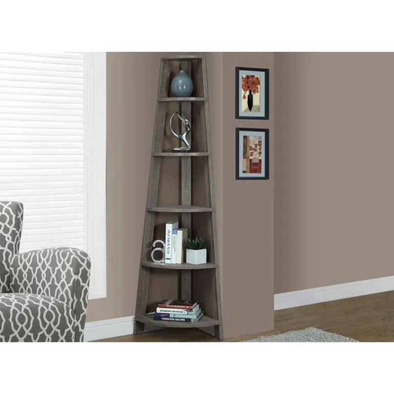 Bookcase - 72"h / dark taupe corner accent etagere - Monarch
