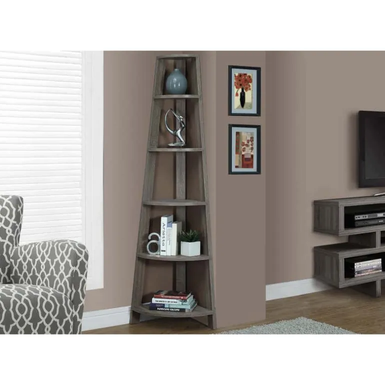 Bookcase - 72"h / dark taupe corner accent etagere - Monarch