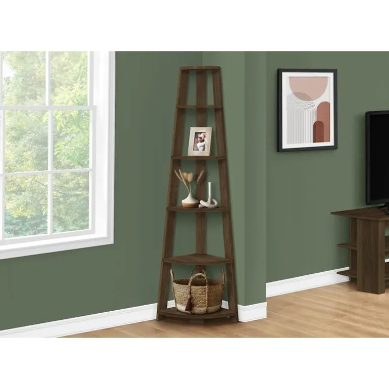 Bookcase - 72""h / dark walnut corner accent etagere - Monarch