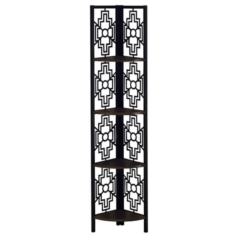 Bookcase - 62"h / espresso / black metal corner etagere - Monarch