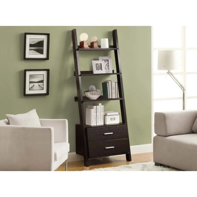 Bookcase - 69"h / espresso ladder w/ 2 storage drawers - Monarch