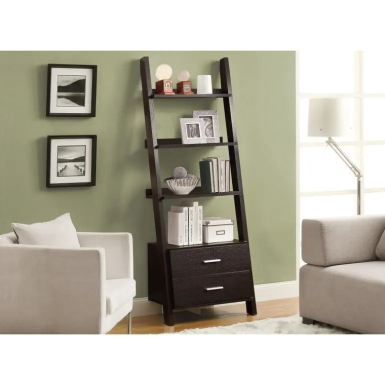 Bookcase - 69"h / espresso ladder w/ 2 storage drawers - Monarch
