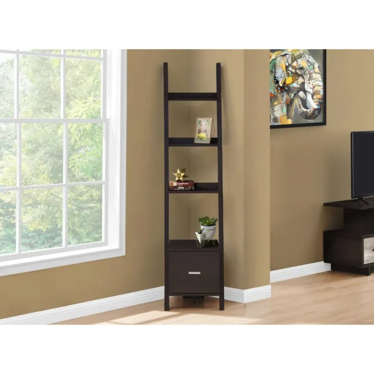 Bookcase - 69"h / espresso ladder w/ storage drawer - Monarch