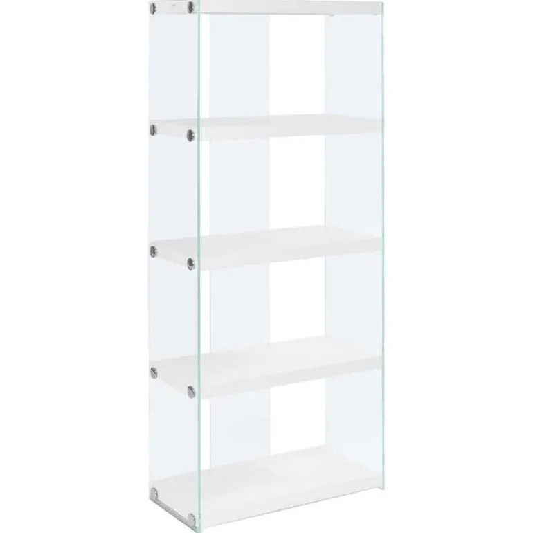 Bookcase - 60"h / glossy white with tempered glass - Monarch