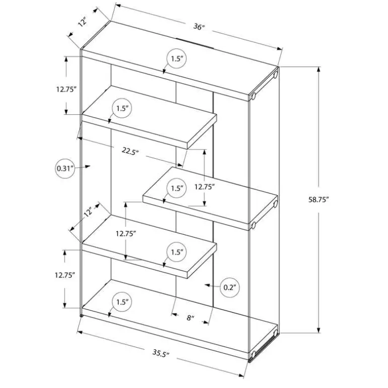 Bookcase - 60"h / glossy white with tempered glass - Monarch