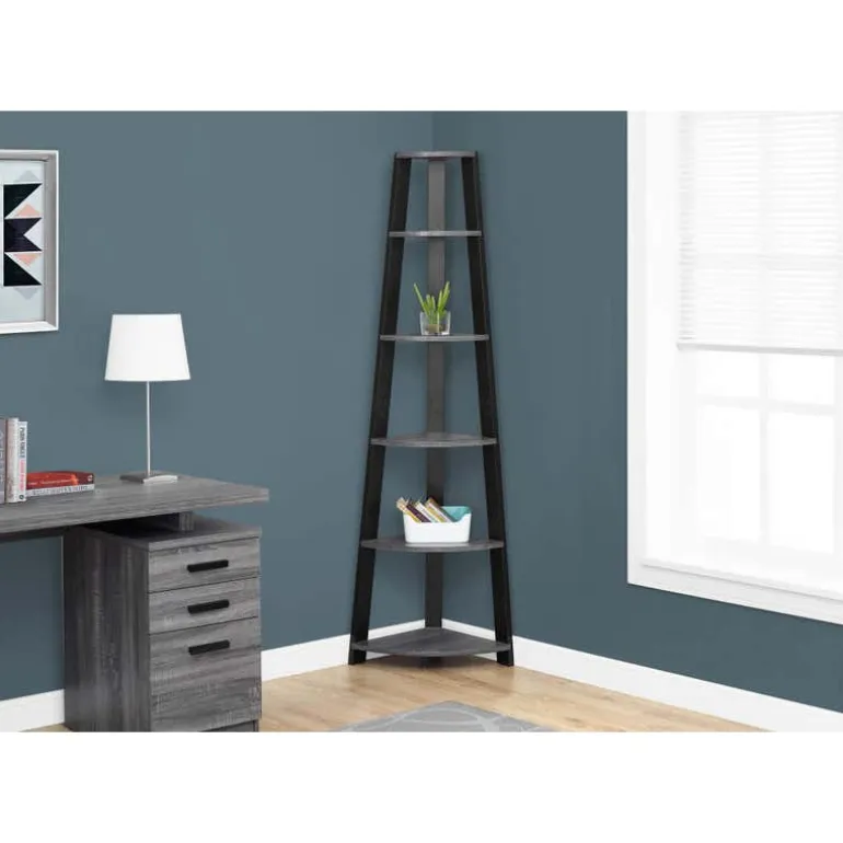 Bookcase - 72"h / grey-black corner accent etagere - Monarch