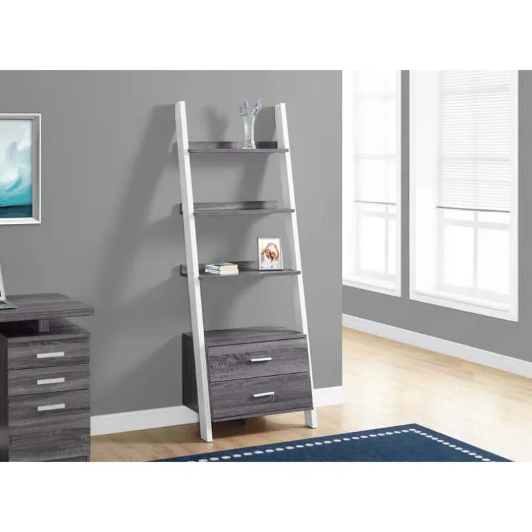 Bookcase - 69"h / grey-white ladder with 2 storage drawer - Monarch