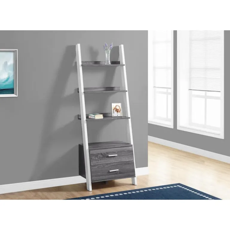 Bookcase - 69"h / grey-white ladder with 2 storage drawer - Monarch